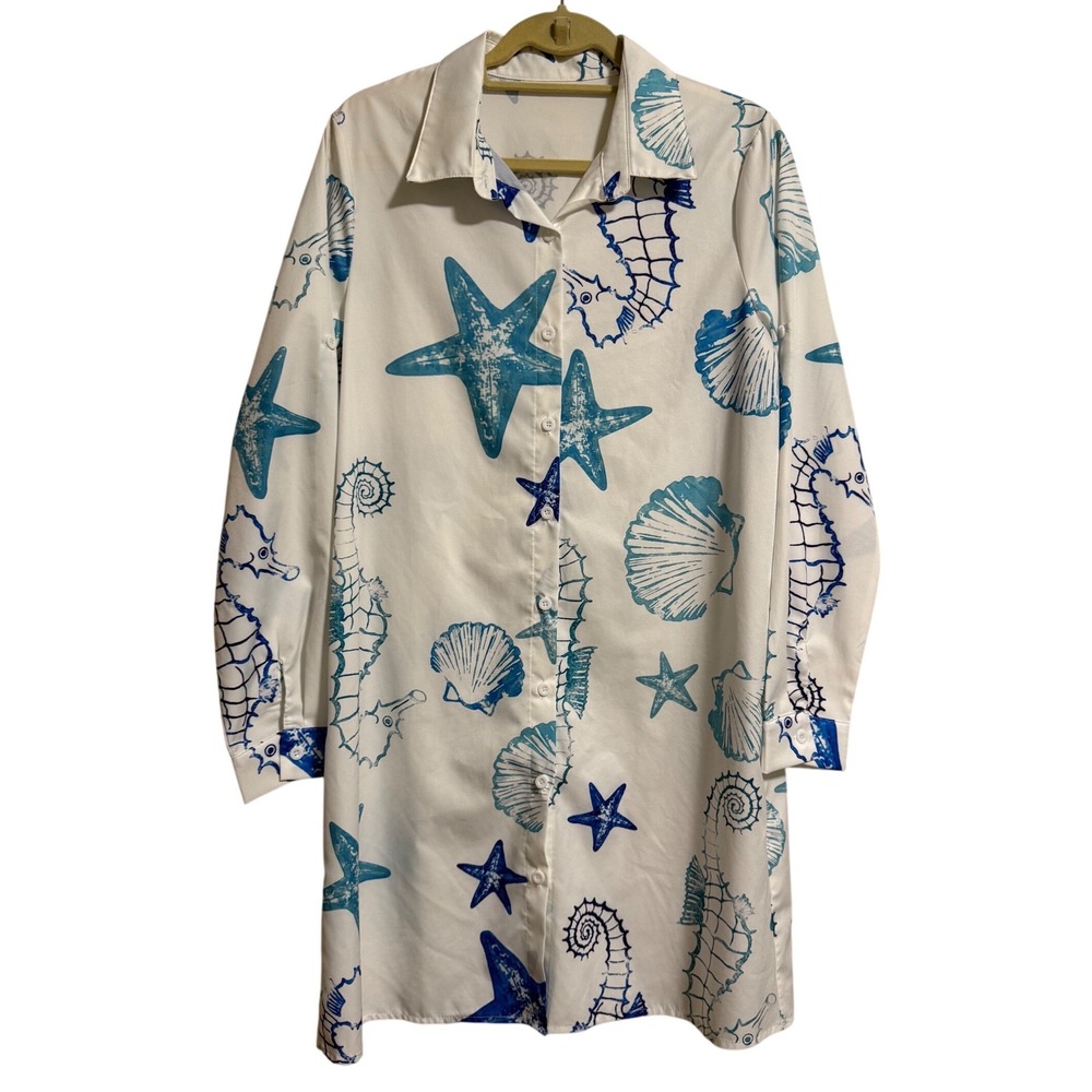 Shein Womens White Blue Starfish Seahorse Nautical Print Shirt Dress Medium M